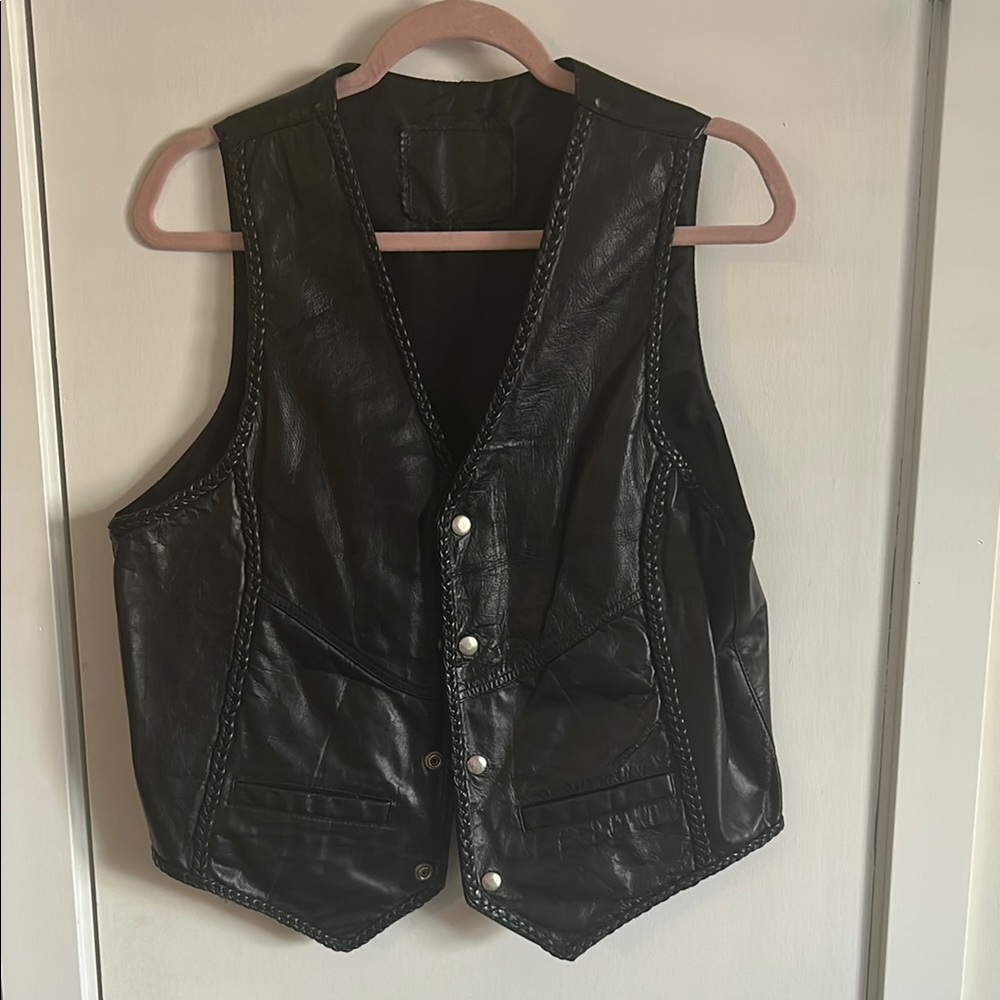 Black vintage Leather Vest with Button Details